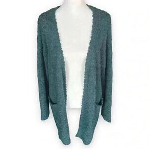LISTICLE Cardigan Sweater Mohair Blend Open Front Long Chunky Knit Teal Small